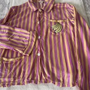 Morgan Lane pink striped bananas silk blend long sleeve pajama top small EUC